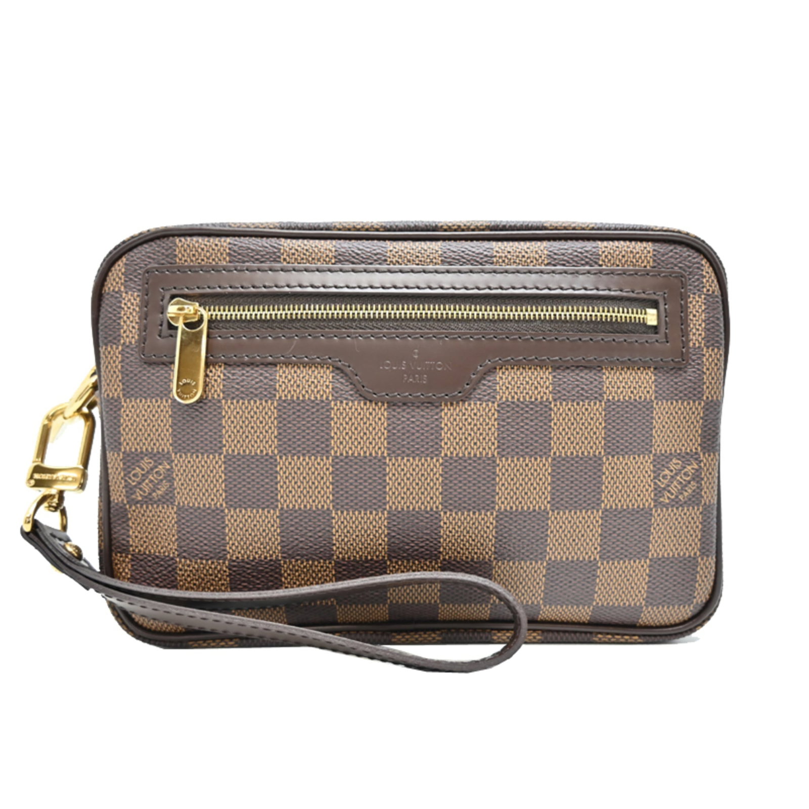 Canvas Damier Bag Pochette Shoulder Vuitton Louis: Canvas Damier Bag Pochette Shoulder Vuitton Louis Damier canvas inlaid with brown leather, this pochette shoulder bag from Louis Vuitton features a classic design with a signature Damier pattern.