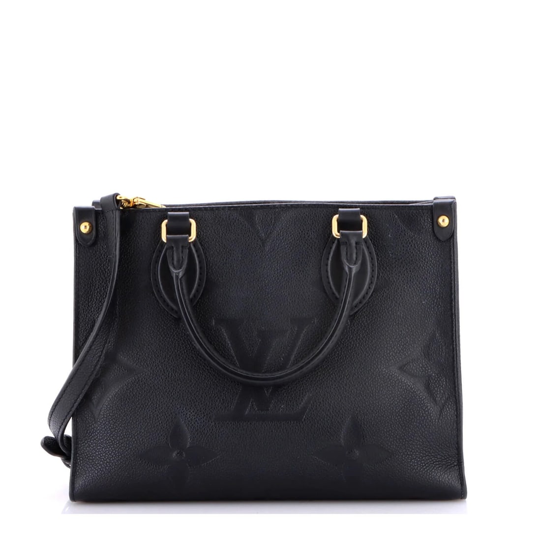 OnTheGo Tote Monogram Empreinte Giant Louis Vuitton: OnTheGo Tote Monogram Empreinte Giant Louis Vuitton Black leather OnTheGo Tote Monogram Empreinte Giant PM shoulder bag with gold hardware, featuring a classic Louis Vuitton design. Measuring 7.5"