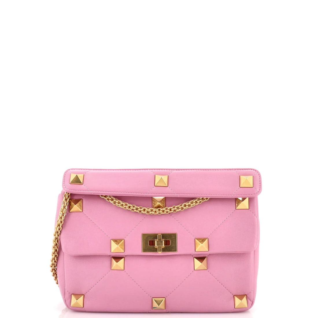 Garavani Valentino Roman Medium Leather Quilted Bag Stud Flap: Garavani Valentino Roman Medium Leather Quilted Bag Stud Flap Pink Valentino Garavani Roman Medium Leather Quilted Bag with Stud Flap, featuring a medium size, quilted leather exterior, and gold