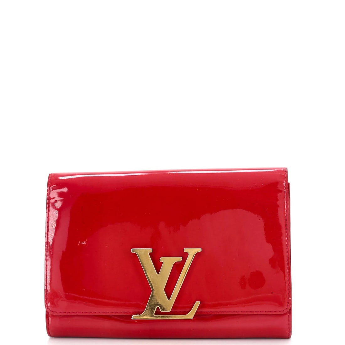 Patent MM Louis Vuitton Louise Clutch: Patent MM Louis Vuitton Louise Clutch Patent MM Louis Vuitton Louise Clutch in Pink features a striking patent leather exterior with heavy discoloration throughout, scuffs, stains, edge wear, and