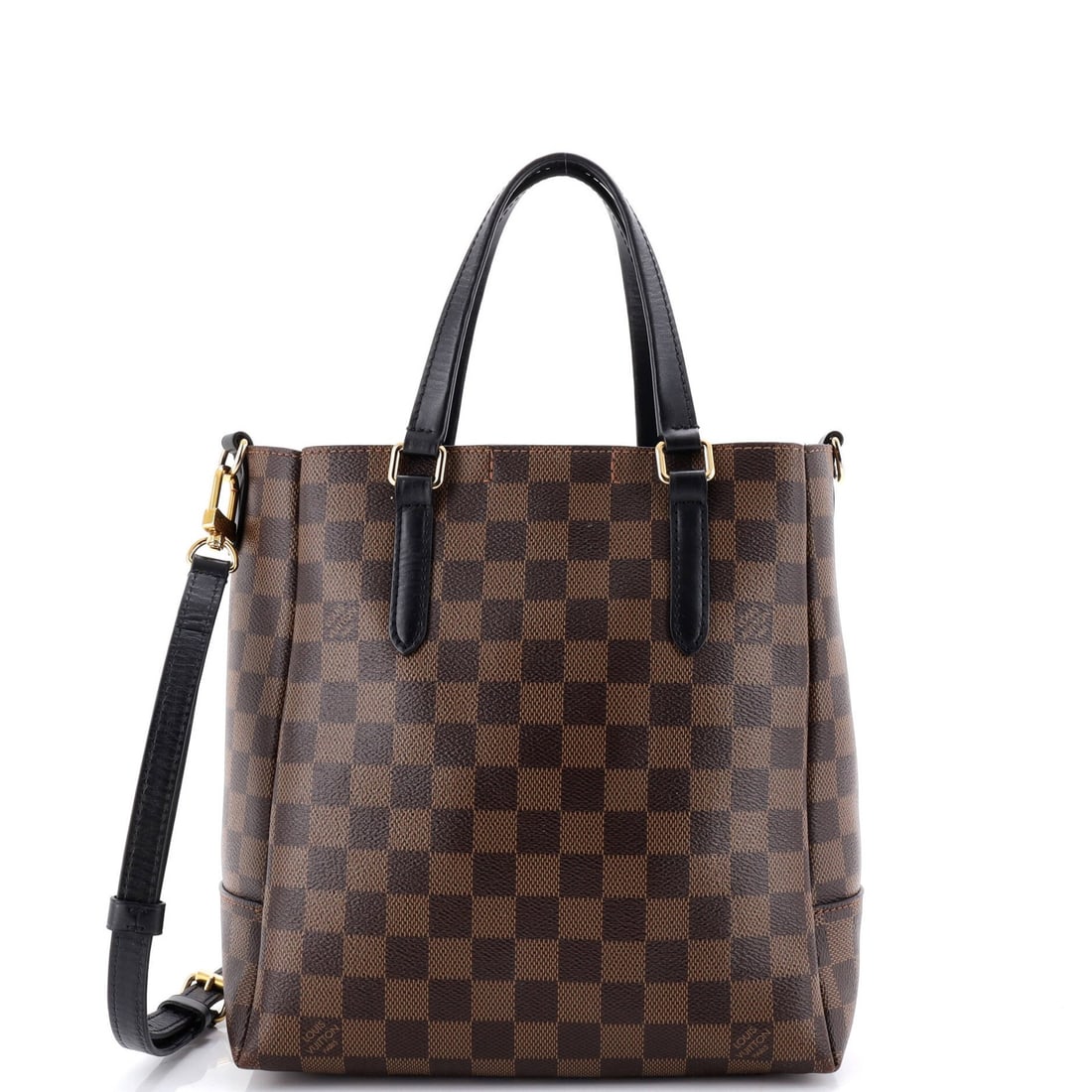 Damier Louis Vuitton Belmont Tote: Damier Louis Vuitton Belmont Tote Brown Damier PM canvas coated Louis Vuitton Belmont tote with heavy cracking and holes on base corners and edge wear, featuring gold hardware and a classic design.