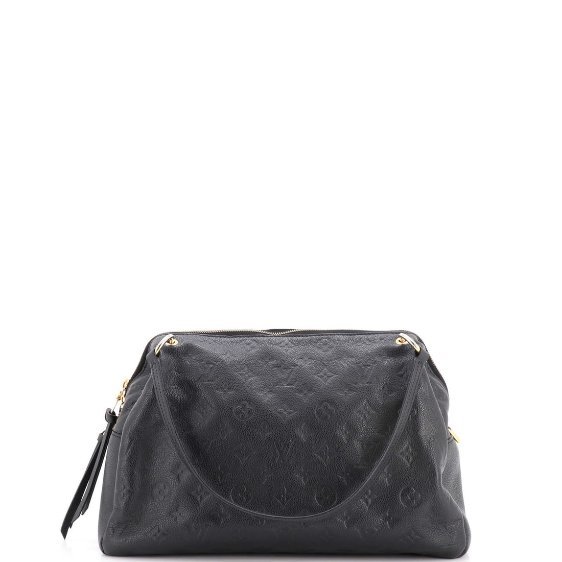 Handbag Leather Monogram Empreinte Louis Vuitton Ponthieu: Handbag Leather Monogram Empreinte Louis Vuitton Ponthieu Black Louis Vuitton Ponthieu shoulder bag with a classic monogram Empreinte design, featuring heavy corner wear, creases, and scuffs on the