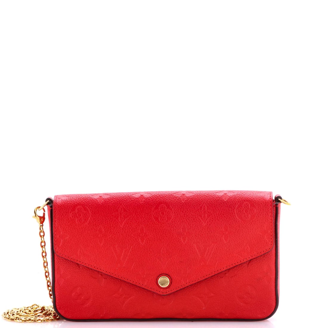 Monogram Empreinte Leather Louis Vuitton Felicie Pochette: Monogram Empreinte Leather Louis Vuitton Felicie Pochette Red Monogram Empreinte Leather Louis Vuitton Felicie Pochette with scuffs, stains, and edge wear, featuring a pochette card holder with strap