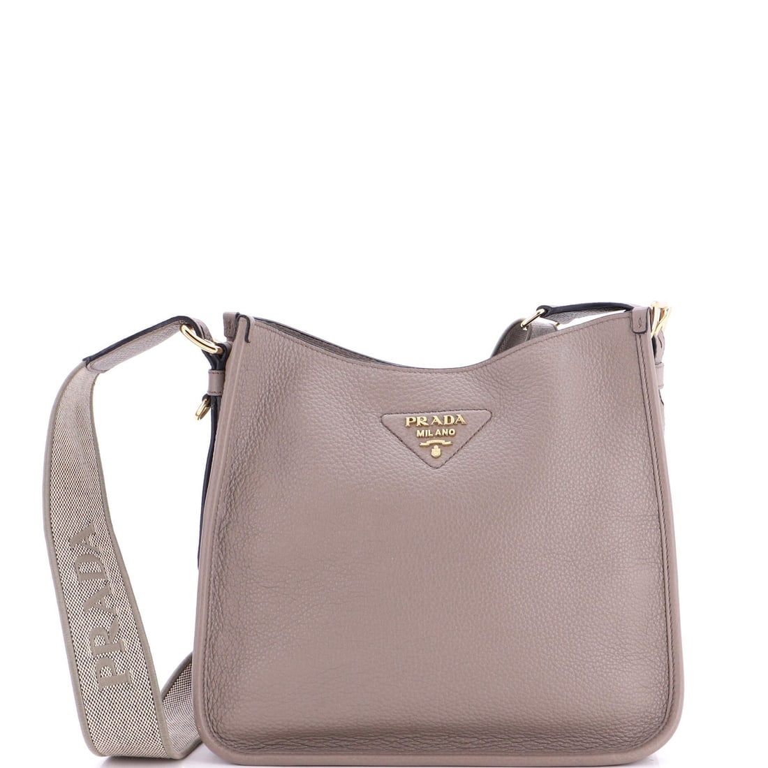 Logo Strap Hobo Medium Leather: Logo Strap Hobo Medium Leather The Prada Logo Strap Hobo Medium Leather features a classic design with a distinctive gray exterior and gold hardware. With its medium size and medium leather exterior,