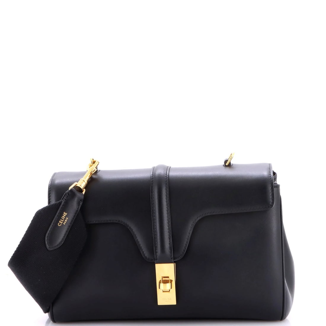 Calfskin Teen Bag Soft 16 Celine: Calfskin Teen Bag Soft 16 Celine Soft 16 Calfskin Teen Bag from Celine, featuring smooth calfskin exterior in black, suede interior, and gold hardware. This great condition bag has some scuffs, edge