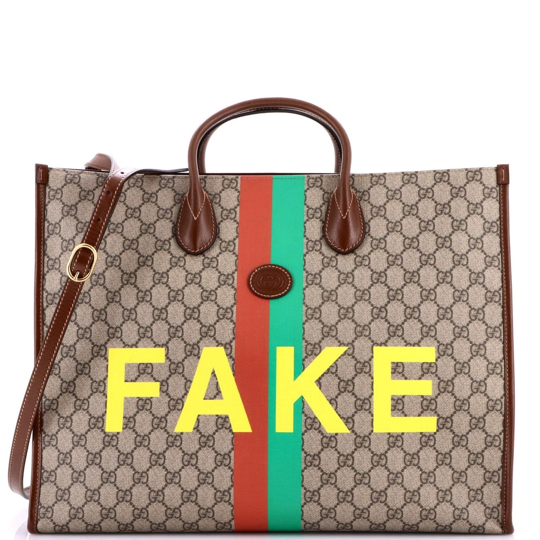 Printed Large Open Tote Canvas Coated GG Gucci Fake: Printed Large Open Tote Canvas Coated GG Gucci Fake Large Open Tote with Printed GG Gucci Design. This canvas coated tote features a brown exterior with a neutral interior and gold hardware,