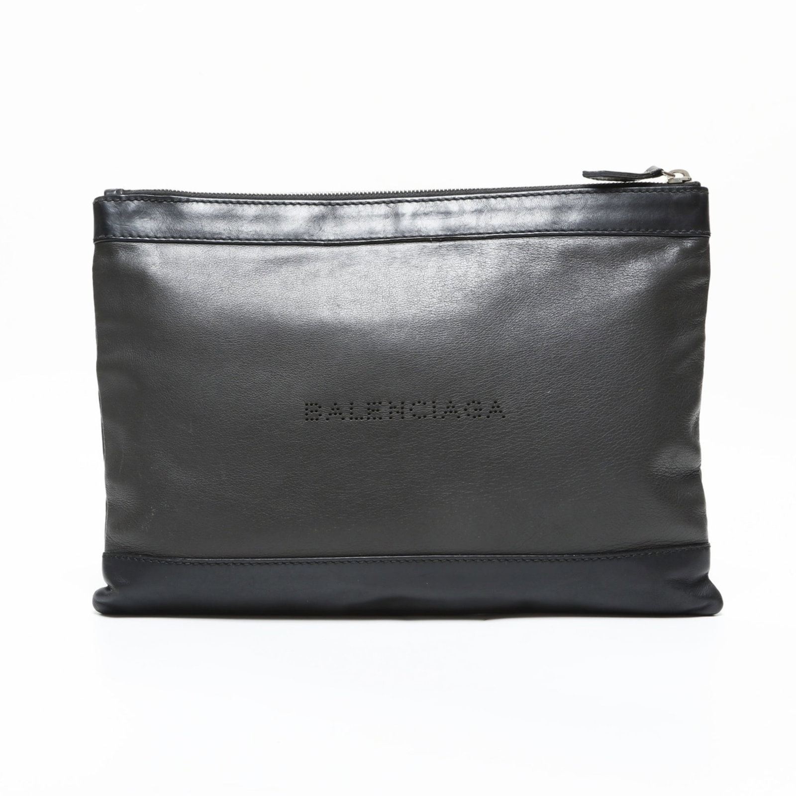Clutch Bag Leather By Balenciaga: Clutch Bag Leather By Balenciaga Balenciaga's sleek leather clutch bag boasts a timeless design with clean lines and a sophisticated black hue. Measuring 23cm x 33cm x 2cm, this compact accessory is