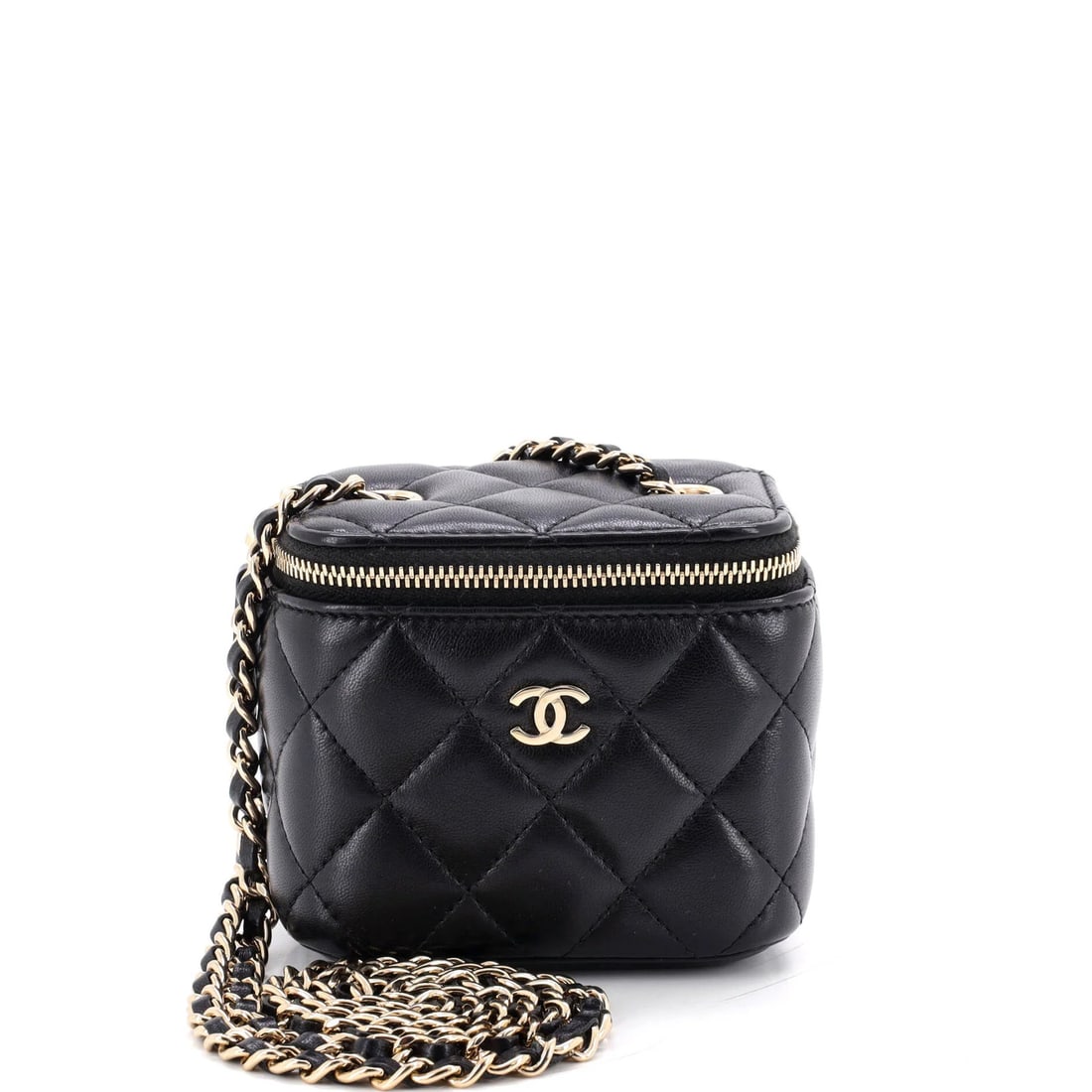 Chanel Classic Quilted Lambskin Chain Mini Vanity Case: Chanel Classic Quilted Lambskin Chain Mini Vanity Case Classic design meets modern convenience in this miniature Chanel vanity case, featuring a quilted lambskin exterior in black and a gold-tone chai
