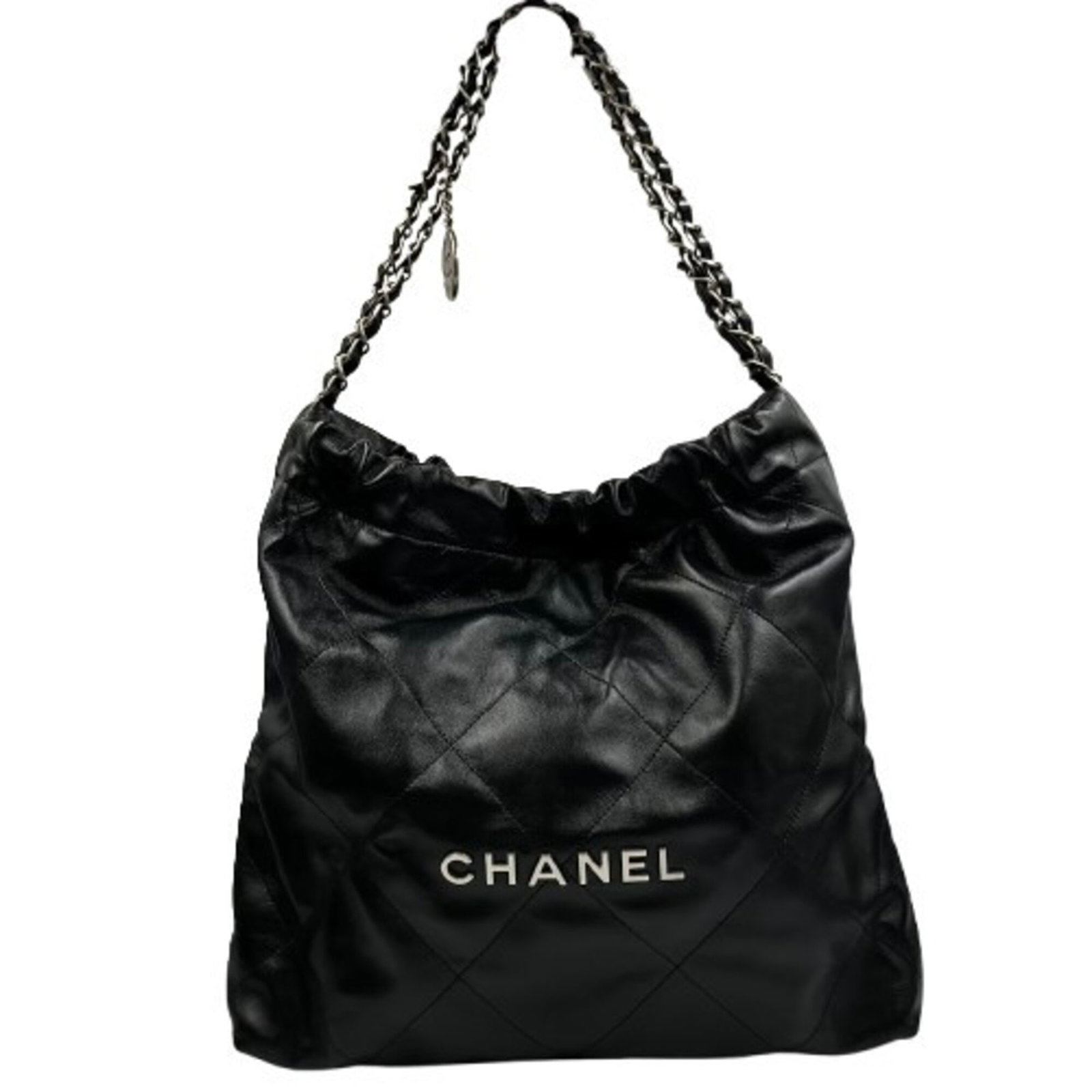 Shoulder Bag Leather Chanel: Shoulder Bag Leather Chanel Black leather shoulder bag with silver hardware, measuring 38cm x 40cm x 7cm, designed by Chanel. This classic shoulder bag features high-quality leather construction and