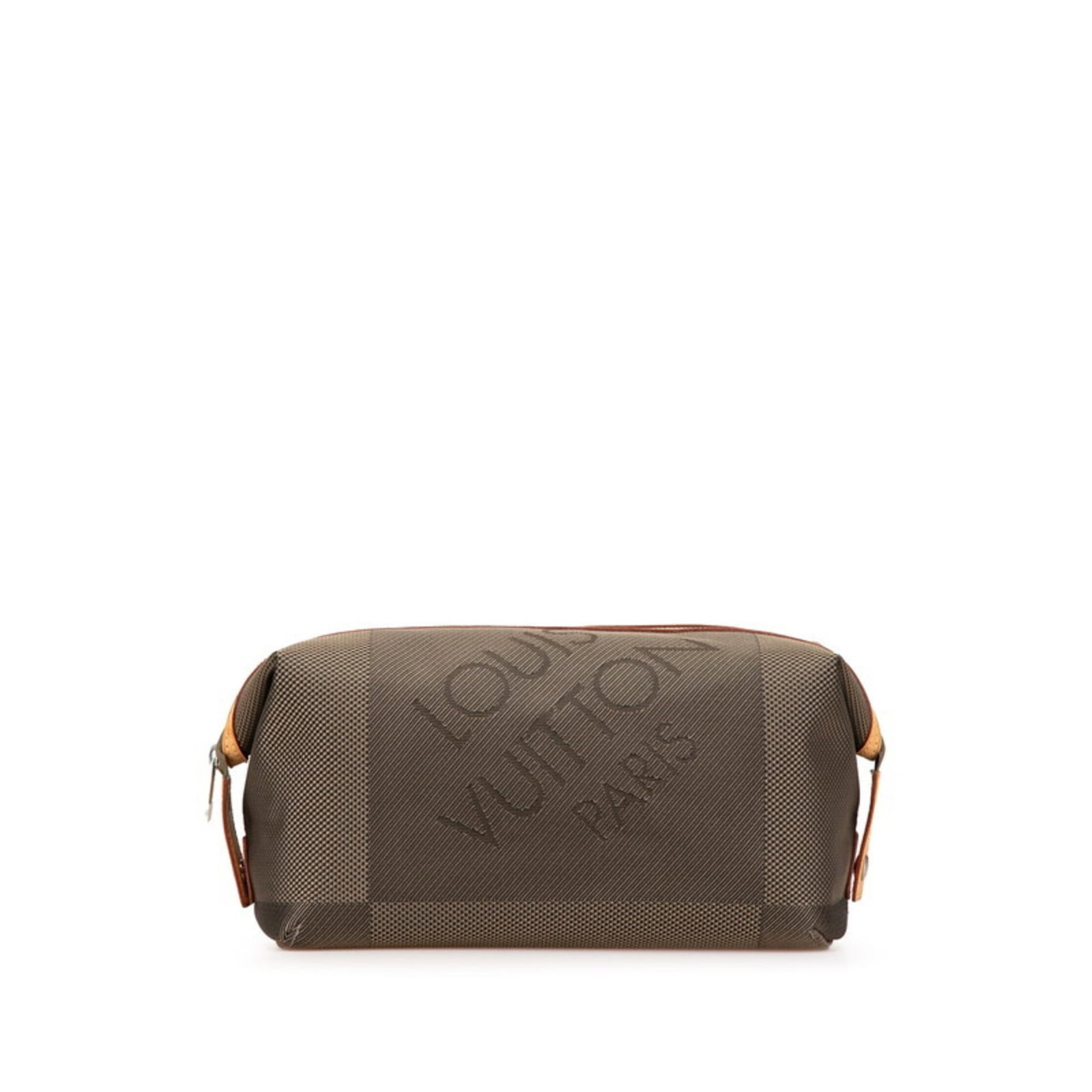 Canvas Leather Louis Vuitton Pouch: Canvas Leather Louis Vuitton Pouch Canvas Leather Louis Vuitton Pouch in Earth and Khaki Colors, featuring a classic Damier Geant pattern, is a stylish accessory for everyday use. Measuring 13.5cm x