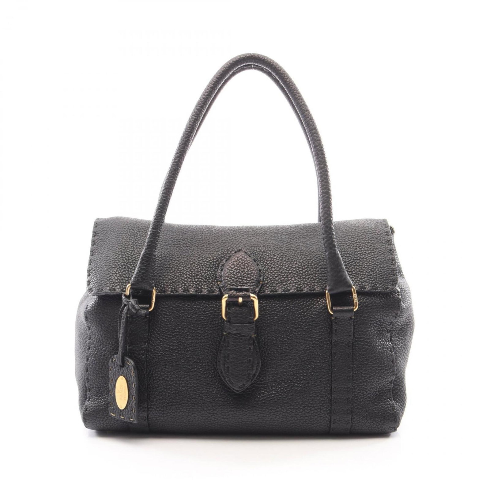 Handbag Leather Fendi: Handbag Leather Fendi Black Fendi handbag made of leather, measuring 23cm x 31cm x 12cm. The bag bears a signature, a notable feature of this item. This handbag is a black leather Fendi. Item