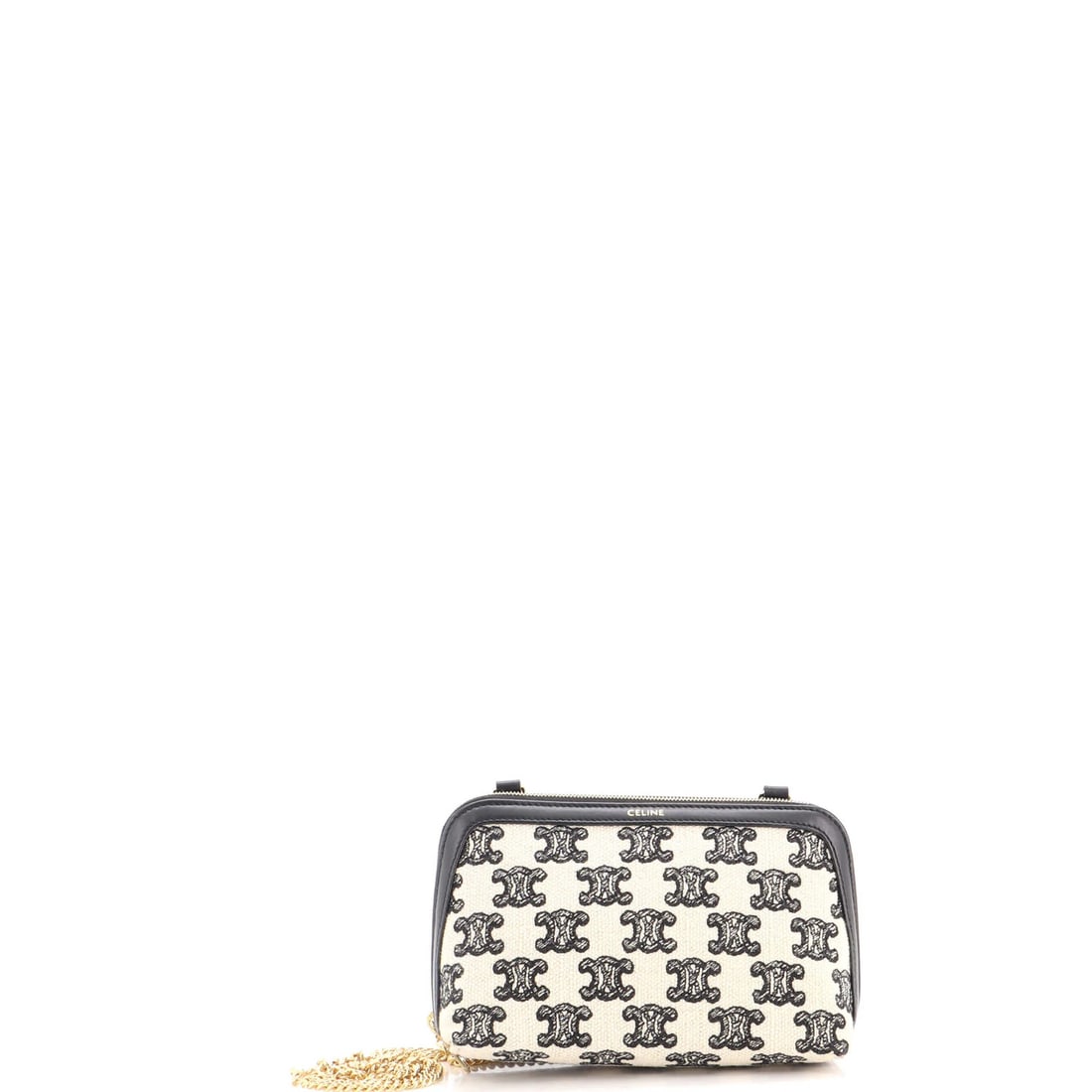 Celine Triomphe Canvas Chain Clutch Zip Around: Celine Triomphe Canvas Chain Clutch Zip Around The Celine Triomphe Canvas Chain Clutch Zip Around is a stylish and versatile blue canvas clutch with a gold chain strap. Measuring 21" in handle drop