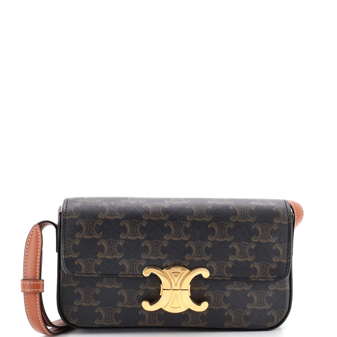 Celine Triomphe East-West Shoulder Bag Triomphe Coated Canvas: Celine Triomphe East-West Shoulder Bag Triomphe Coated Canvas Celine Triomphe East-West Shoulder Bag Triomphe Coated Canvas features a rich brown canvas exterior with gold hardware, complemented by a 