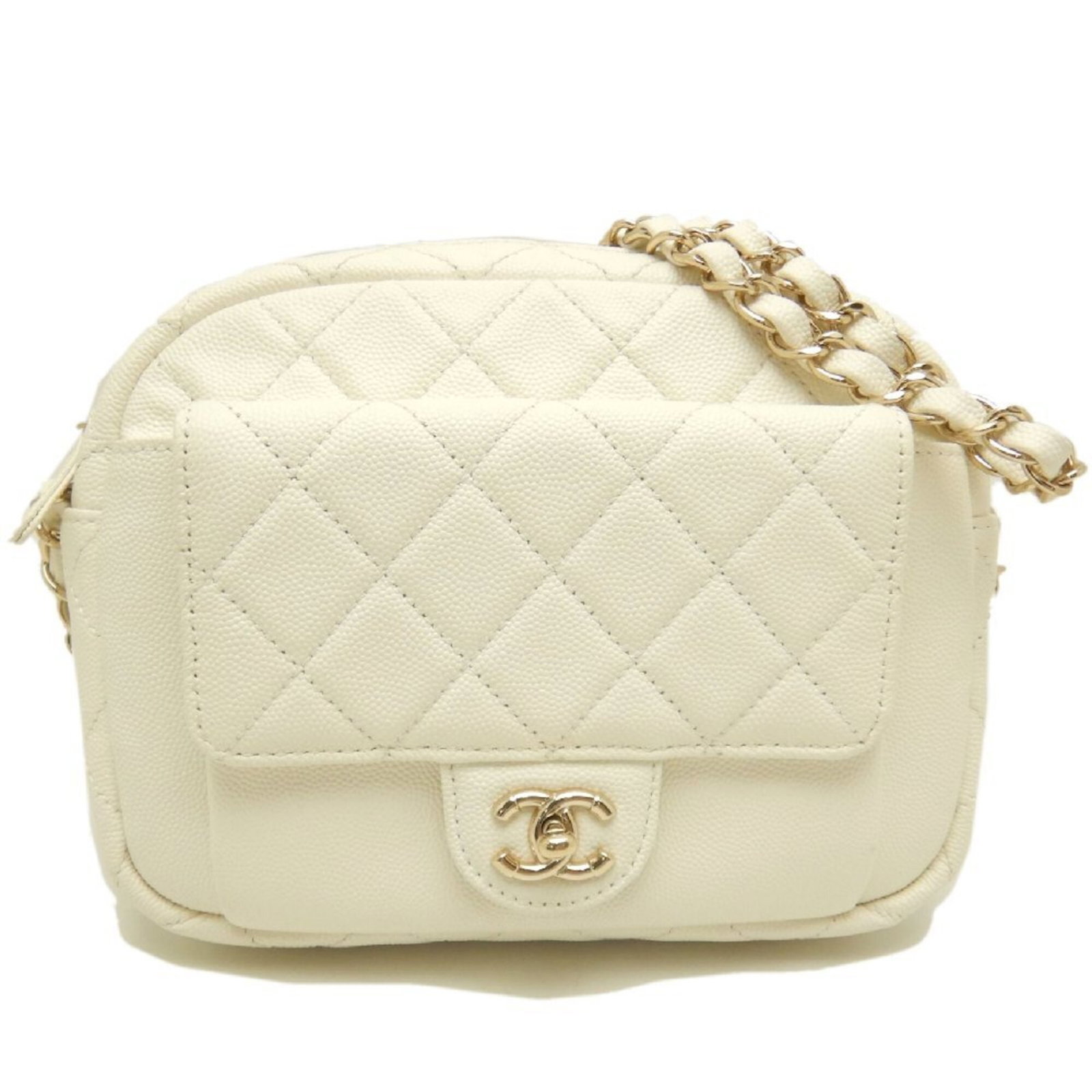 Calfskin Grained Chanel Bag Shoulder: Calfskin Grained Chanel Bag Shoulder Grained Calfskin Chanel Bag Shoulder. Made from high-quality grained calfskin, this white shoulder bag features classic Chanel design with gold hardware. Its