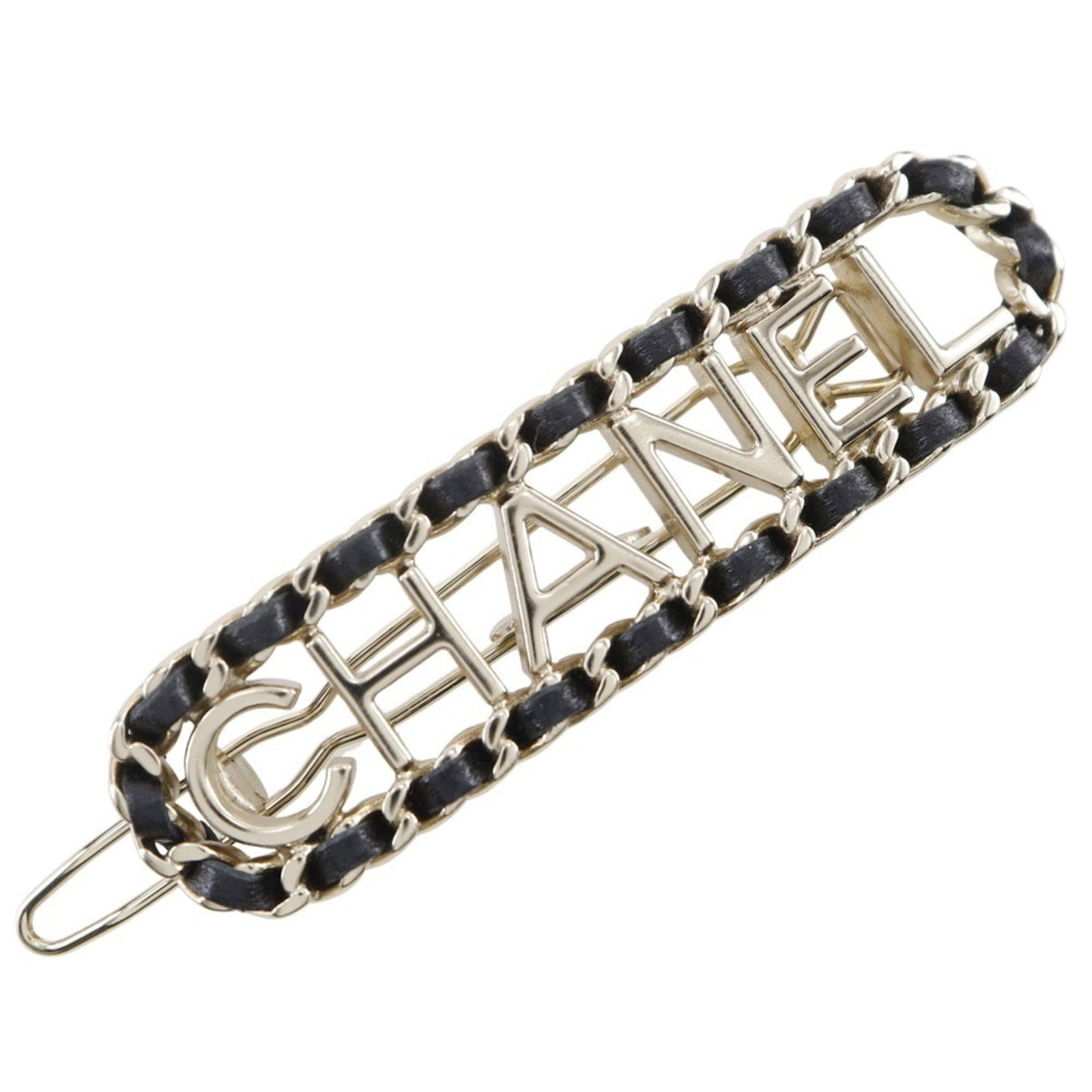 Gold Barrette Leather Plating Chanel: Gold Barrette Leather Plating Chanel Gold Barrette Leather Plating Chanel is a black barrette with gold plating and leather plating. It measures 5.67cm x 1.97cm and has no additional accessories. The 