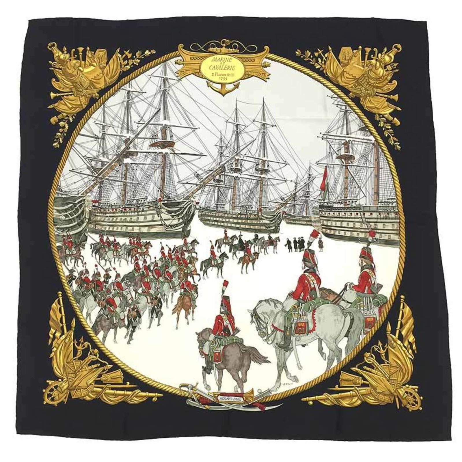 Silk Hermes Scarf: Silk Hermes Scarf Silk from France, this 90cm x 90cm black silk scarf is made from high-quality material. Brought to you by the renowned brand Hermes, this accessory bears a signature, adding a touch 