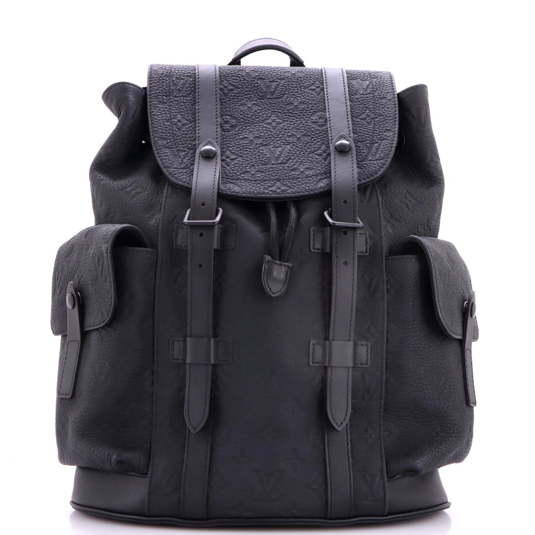 Christopher Louis Vuitton Monogram Leather Backpack Taurillon PM: Christopher Louis Vuitton Monogram Leather Backpack Taurillon PM Black leather backpack with the iconic Louis Vuitton monogram design, measuring 17" tall and 12.5" wide. The exterior features scuffs, 