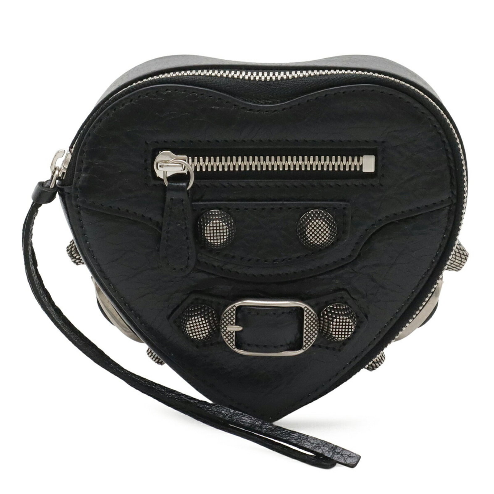 Pouch Leather Balenciaga: Pouch Leather Balenciaga Black leather pouch from Balenciaga, measuring 11.5cm x 12.5cm x 5.5cm, weighing 150g. This small leather pouch features a sleek design and is made from high-quality leather.