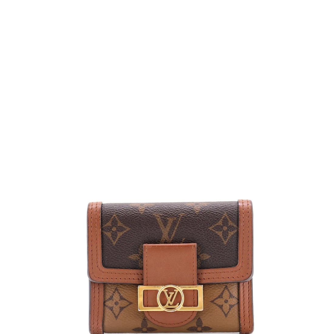 Dauphine Wallet Reverse Monogram Canvas Compact Louis Vuitton: Dauphine Wallet Reverse Monogram Canvas Compact Louis Vuitton Compact and stylish, this Louis Vuitton Dauphine Wallet features a Reverse Monogram Canvas design in rich brown, with a sleek gold-tone bu
