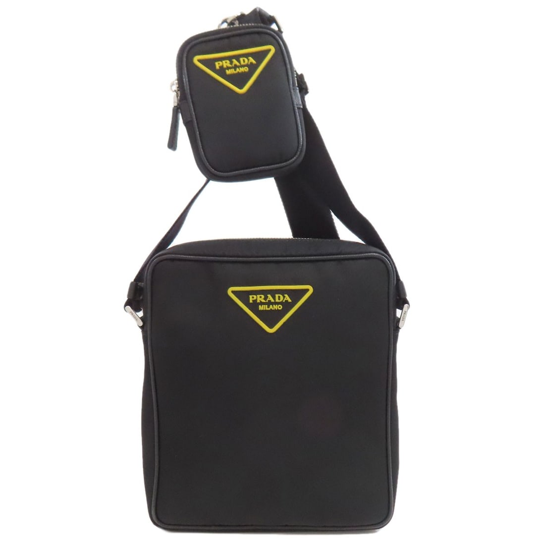 Logo Nylon Bag Shoulder Prada: Logo Nylon Bag Shoulder Prada Black nylon shoulder bag with a classic PRADA design, featuring a sleek and modern silhouette. The bag's exterior is made from durable nylon, providing a long-lasting