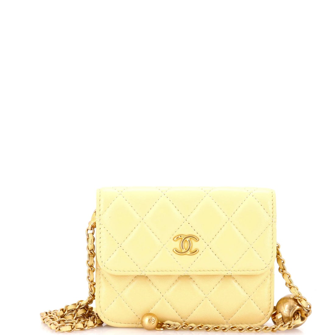 Pearl Crush Flap Clutch with Chain Quilted Lambskin: Pearl Crush Flap Clutch with Chain Quilted Lambskin The Pearl Crush Flap Clutch with Chain Quilted Lambskin is a vibrant mini cross body bag in yellow leather, featuring a chain quilted design. Its
