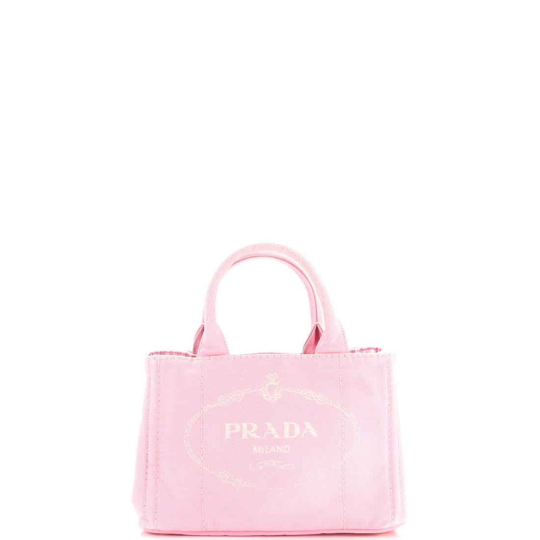 Mini Canvas Tote Prada: Mini Canvas Tote Prada Pink Mini Canapa Tote by Prada, a stylish and compact canvas tote with a classic design, featuring a gold-tone buckle and a signature on the interior. The exterior shows signs o