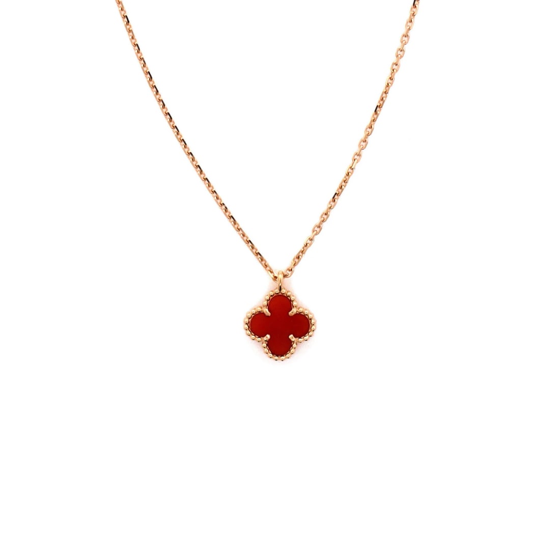 Carnelian Necklace Rose Gold Pendant Alhambra Sweet Van Cleef & Arpels: Carnelian Necklace Rose Gold Pendant Alhambra Sweet Van Cleef & Arpels 18K Rose Gold Sweet Alhambra Pendant Necklace features a stunning Carnelian stone, showcasing the elegance of Van Cleef &