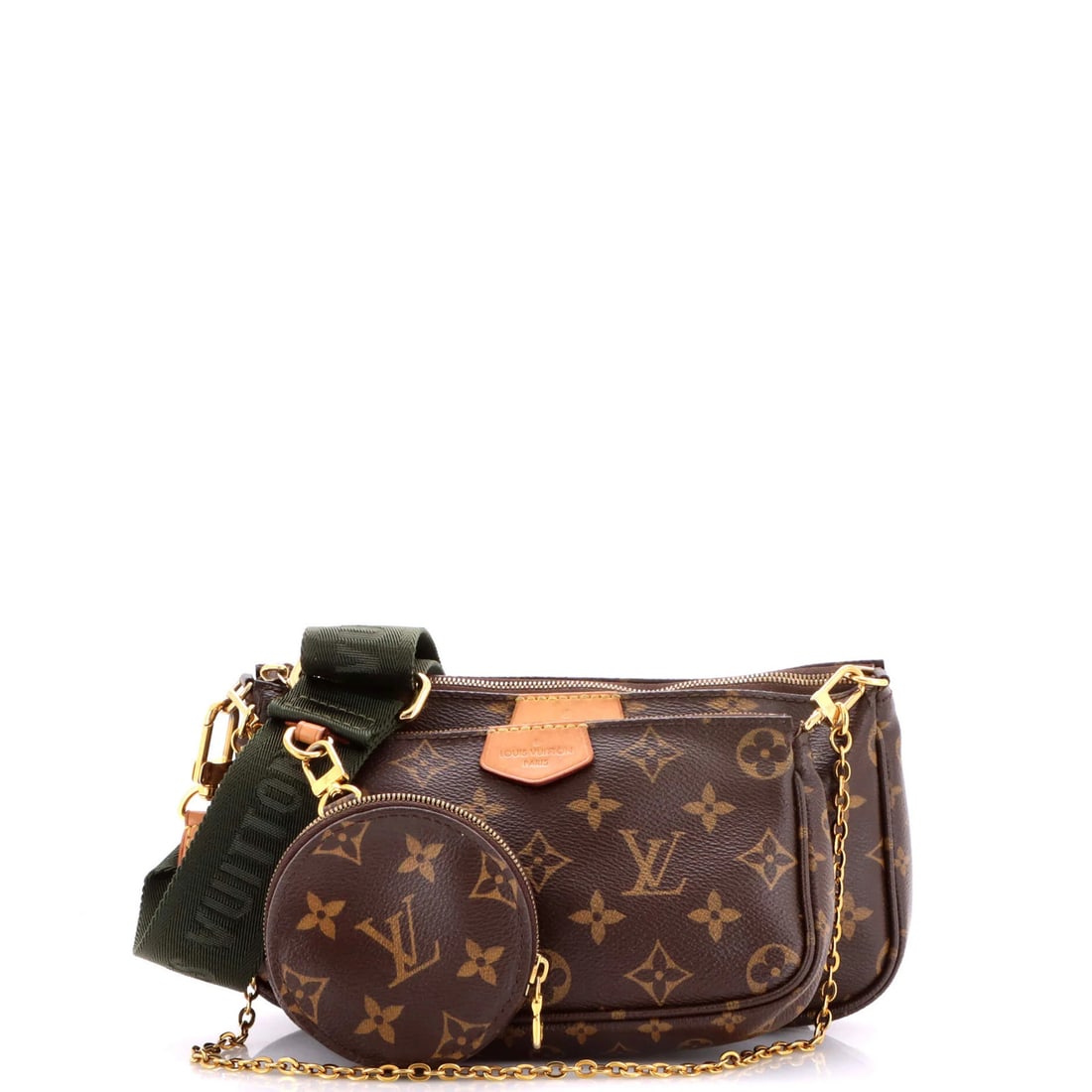 Louis Vuitton Monogram Canvas Pochette Multi Accessoires: Louis Vuitton Monogram Canvas Pochette Multi Accessoires Brown Louis Vuitton Monogram Canvas Pochette Multi Accessoires with Extra Strap and Extra Bag, featuring scuffs, creases, and edge wear on the 