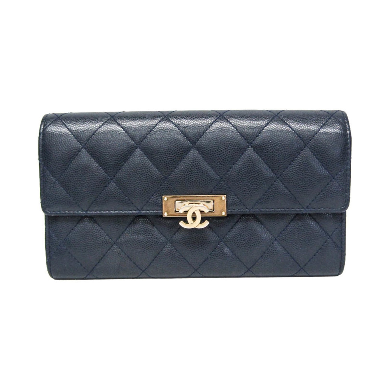 Chanel Long Wallet (Bi-Fold) Grained Calfskin: Chanel Long Wallet (Bi-Fold) Grained Calfskin The Chanel Long Wallet (Bi-Fold) Grained Calfskin features a classic design with a navy color and fastener closure. This bi-fold wallet boasts multiple