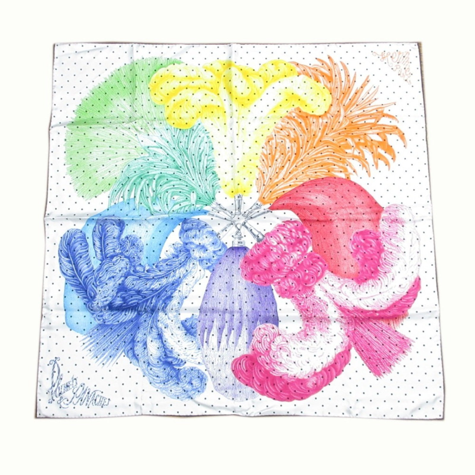 Silk Hermes Scarf: Silk Hermes Scarf Silk from Hermes, a multi-color design with white accents, is presented in a 88cm x 88cm square format. Made from high-quality silk, this scarf features a unique and eye-catching des
