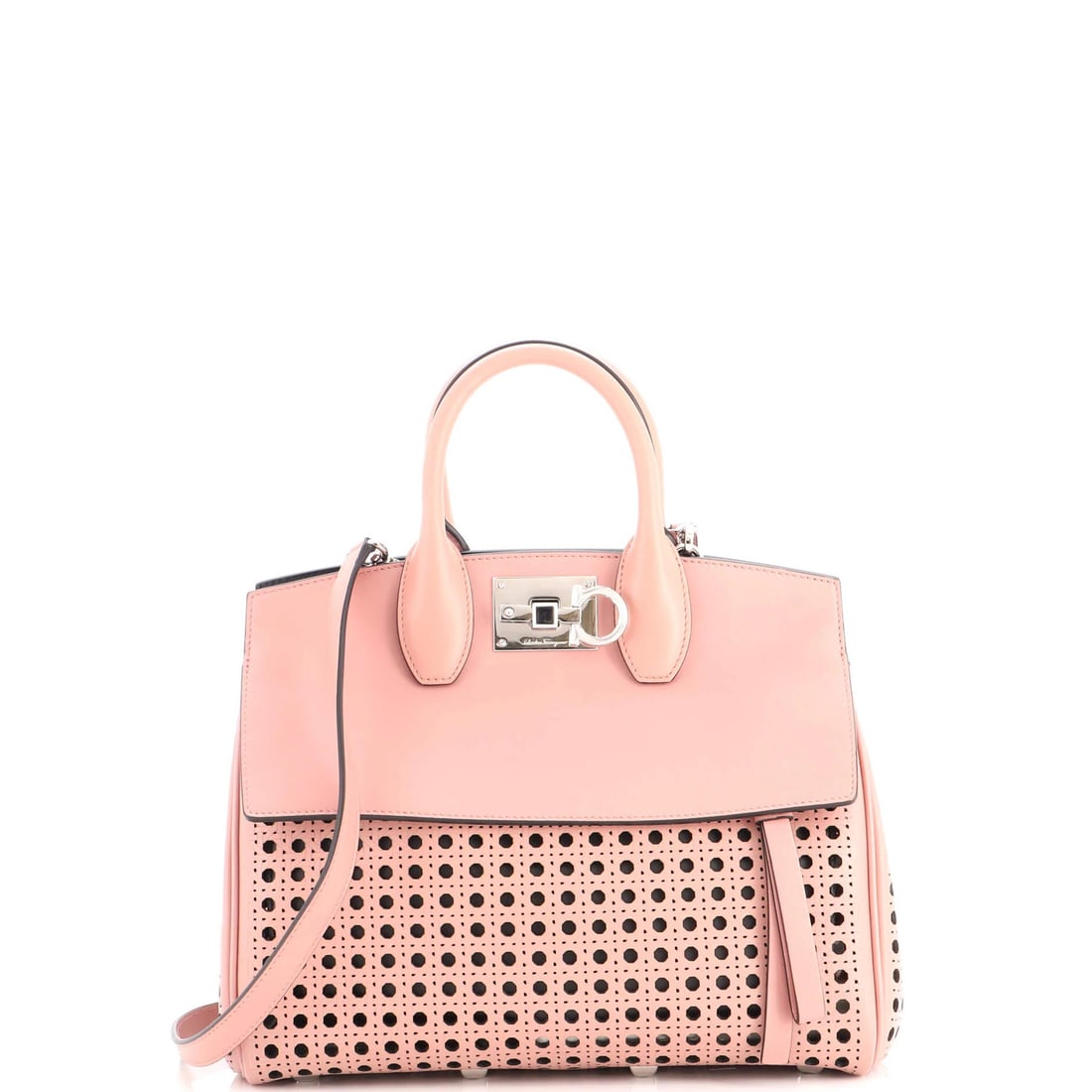 Salvatore Ferragamo Studio Satchel Small Laser Cut Leather: Salvatore Ferragamo Studio Satchel Small Laser Cut Leather The Salvatore Ferragamo Studio Satchel Small Laser Cut Leather features a striking pink exterior with a sleek, modern design. This small