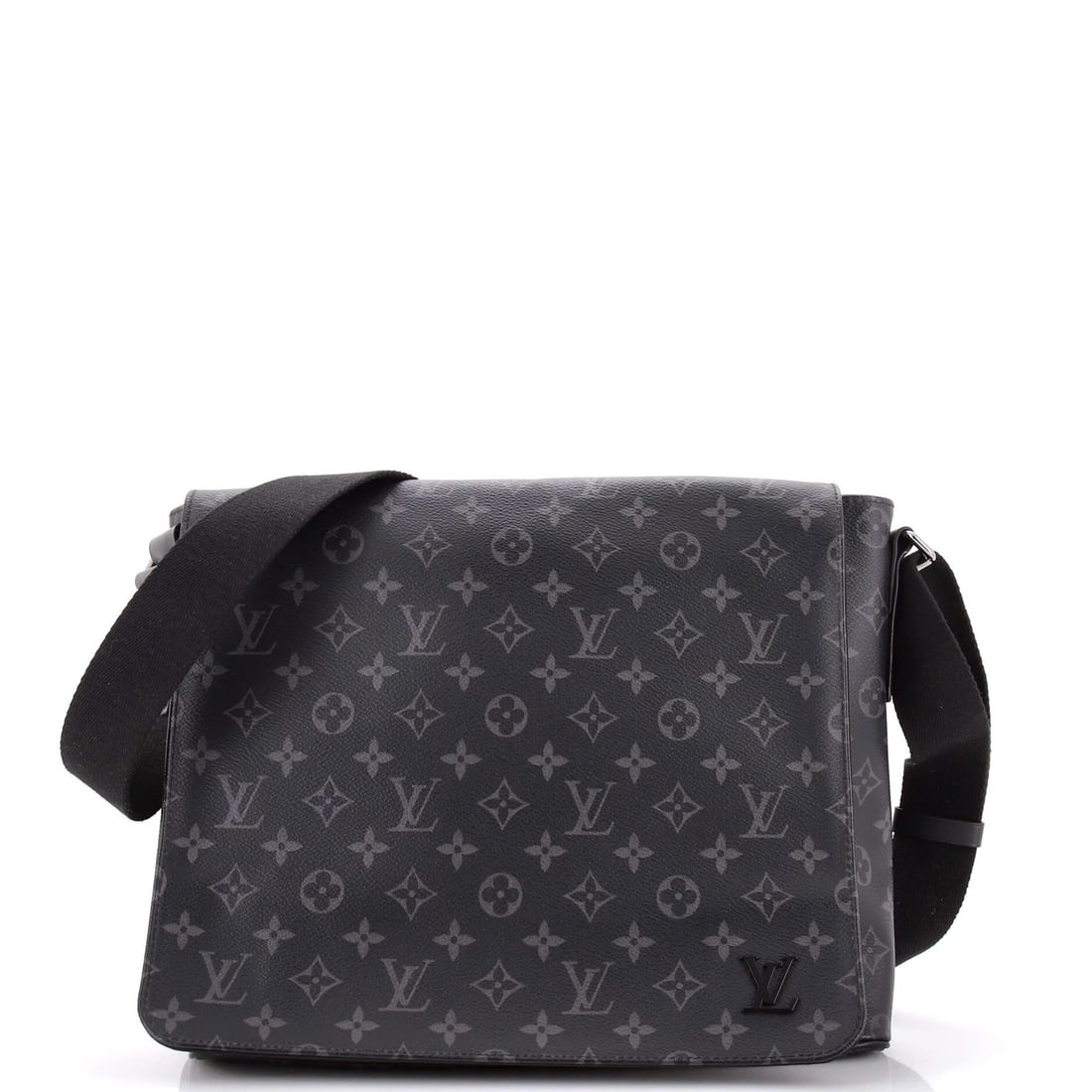Messenger Bag Louis Vuitton Monogram Eclipse Canvas: Messenger Bag Louis Vuitton Monogram Eclipse Canvas Black canvas messenger bag with a classic Louis Vuitton monogram Eclipse design, featuring silver and black hardware. The bag measures 11" tall, 12.