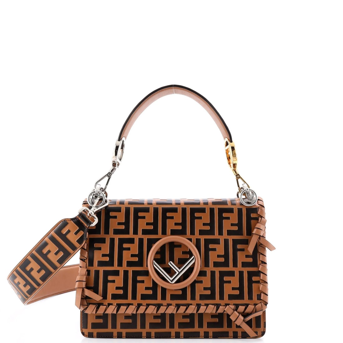 Fendi Kan I F Shoulder Bag Whipstitch Zucca Embossed Medium Leather: Fendi Kan I F Shoulder Bag Whipstitch Zucca Embossed Medium Leather Fendi's Kan I F Shoulder Bag features whipstitch details and a distinctive Zucca embossed leather exterior in rich brown. The medium