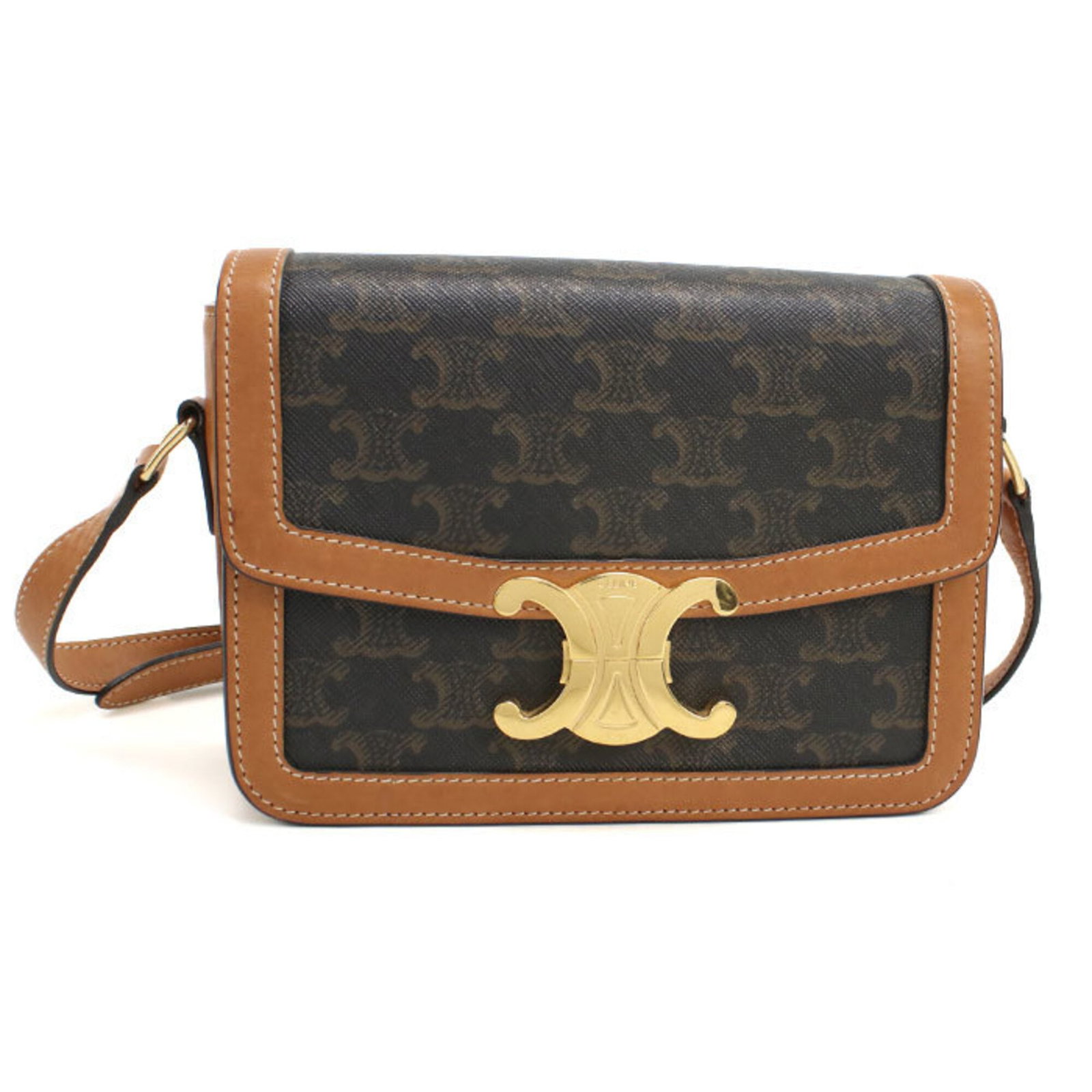 Pvc Leather Celine Shoulder Bag: Pvc Leather Celine Shoulder Bag The Celine shoulder bag boasts a unique blend of PVC and leather, with a striking brown color and gold hardware. Its compact size makes it perfect for everyday use, mea