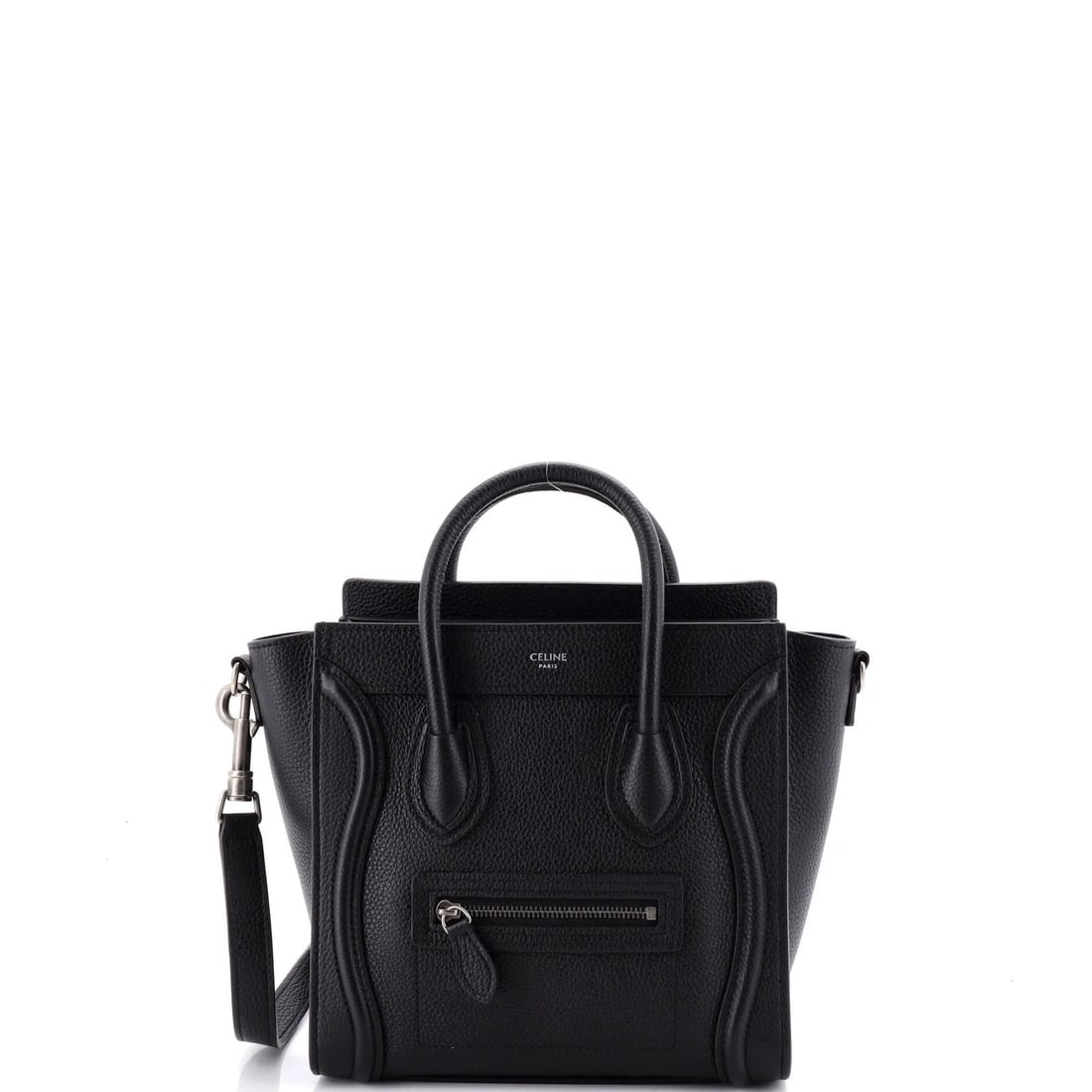 Luggage Bag Grainy Leather Nano Celine: Luggage Bag Grainy Leather Nano Celine The Celine Luggage Bag Grainy Leather Nano features a sleek black exterior with a unique grainy leather finish, complemented by a suede interior and silver