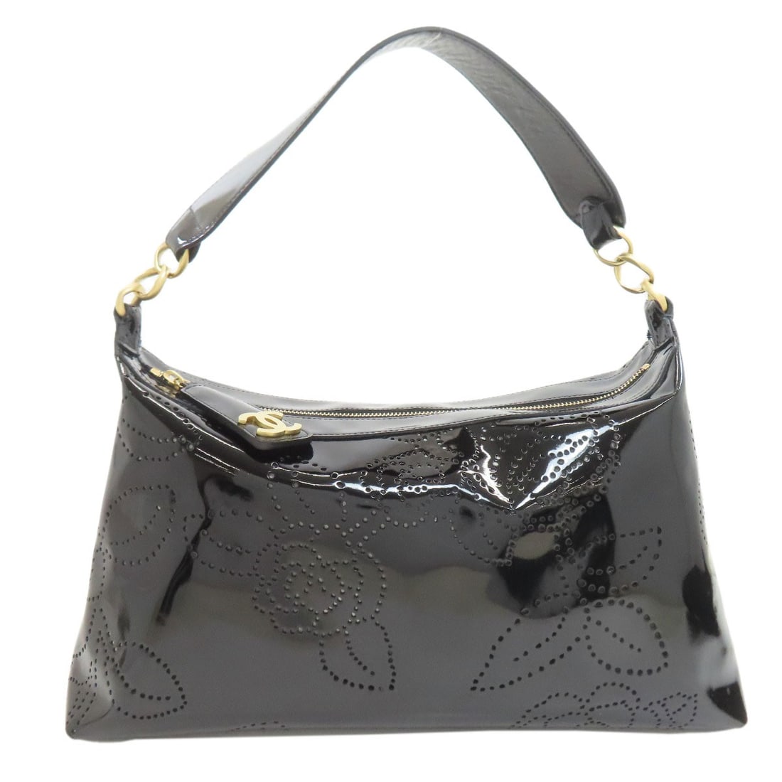 Chanel Camellia Punching Goldhardware Shoulder Bag Enamel: Chanel Camellia Punching Goldhardware Shoulder Bag Enamel The Chanel Camellia Punching Goldhardware Shoulder Bag boasts a striking black enamel exterior, adorned with intricate gold hardware details.