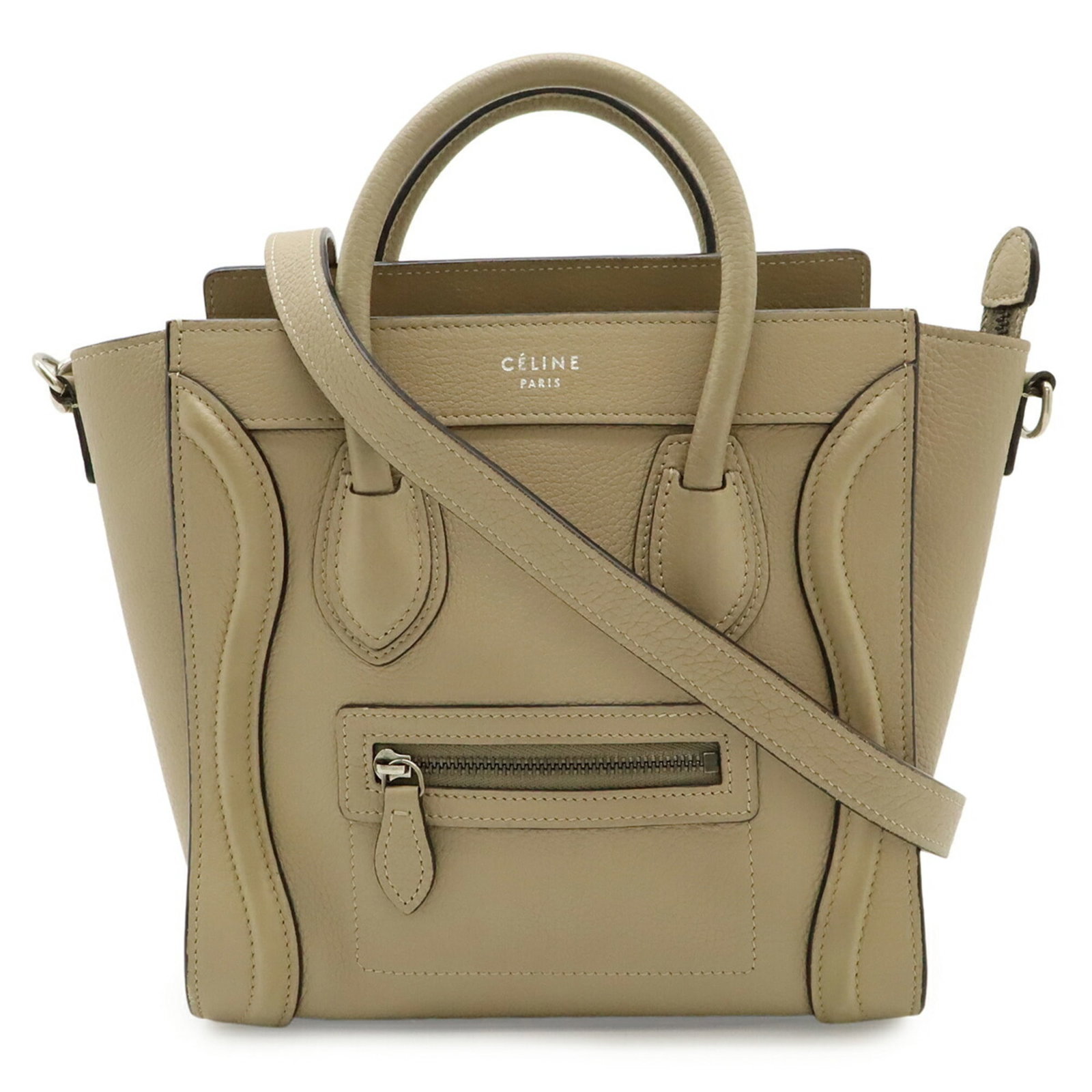 Handbag Leather Shoulder Bag Celine: Handbag Leather Shoulder Bag Celine This exquisite Celine leather shoulder bag boasts a timeless beige color and features a spacious zipper pocket for added convenience. Measuring 19.5cm x 28cm x