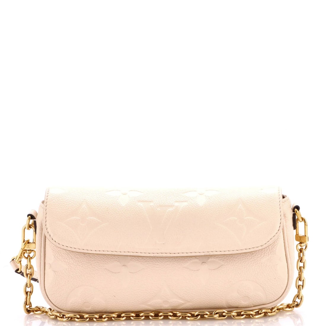 Vuitton Giant Monogram Ivy Wallet Chain Louis: Vuitton Giant Monogram Ivy Wallet Chain Louis White Louis Vuitton Giant Monogram Ivy Wallet Chain features a unique design with an extra strap, measuring 7" handle drop, 5" height, 9" width, and 2" de