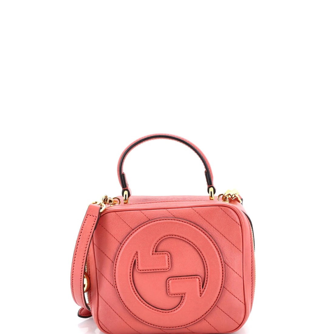 Blondie NM Gucci Top Shoulder Bag Quilted Leather Diagonal Handle: Blondie NM Gucci Top Shoulder Bag Quilted Leather Diagonal Handle Pink quilted leather Gucci top handle shoulder bag with diagonal strap, featuring a neutral interior and gold hardware. Measuring