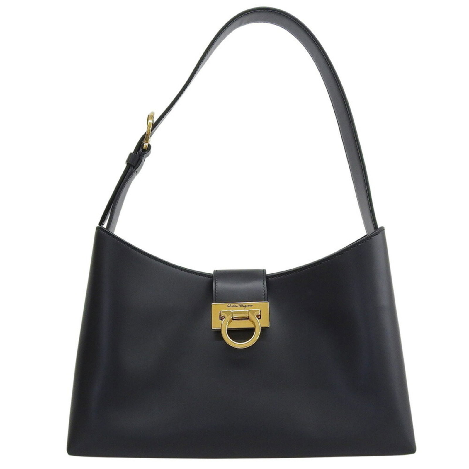 Ferragamo Leather Shoulder Bag: Ferragamo Leather Shoulder Bag Black leather shoulder bag with a sleek design, measuring 16cm x 30cm x 7cm. Made from high-quality leather, this stylish bag features a classic silhouette that suits ev