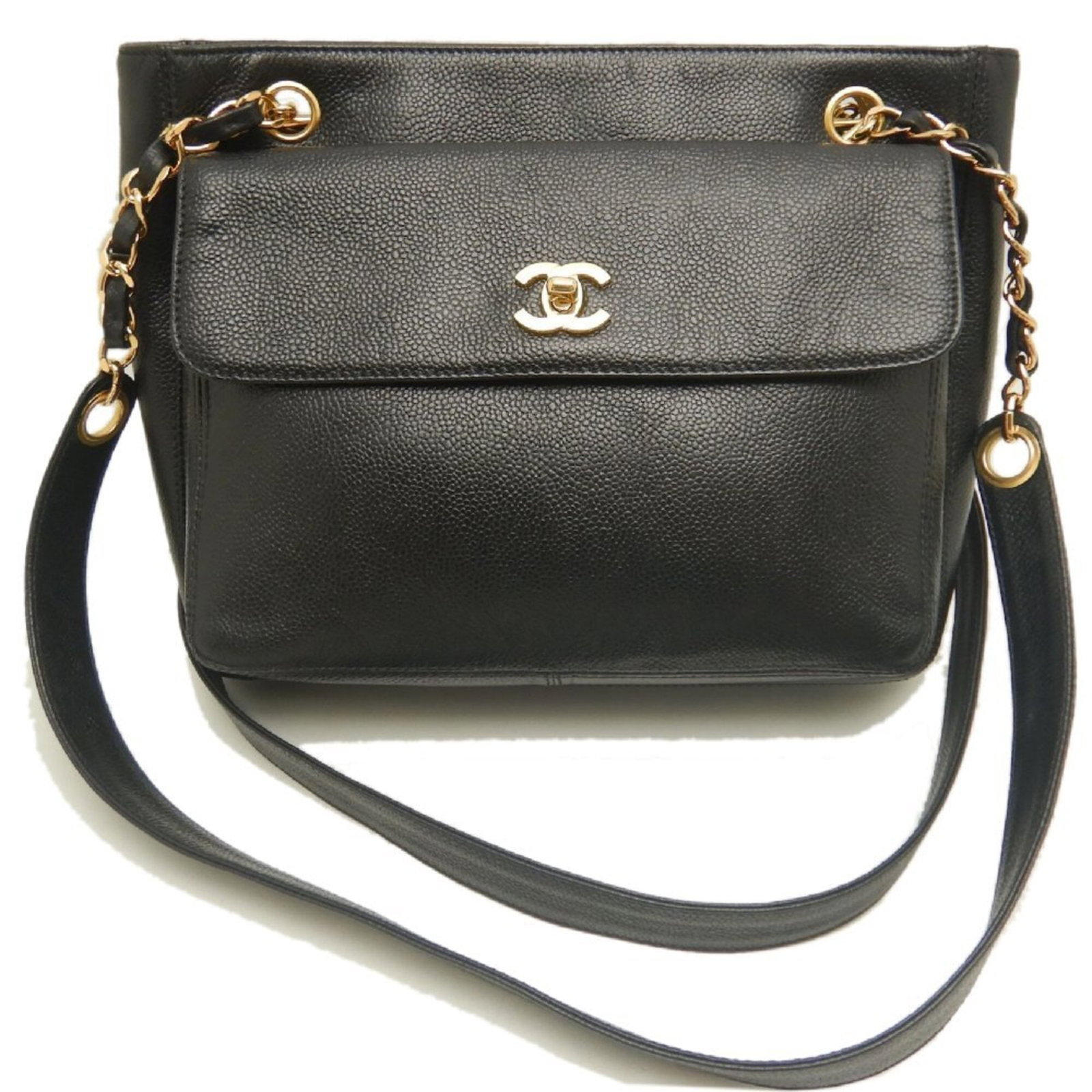 Calfskin Grained Chanel Bag Shoulder: Calfskin Grained Chanel Bag Shoulder Grained calfskin provides a luxurious feel to this black Chanel shoulder bag, while gold hardware adds a touch of sophistication. The bag's compact size and 90cm s