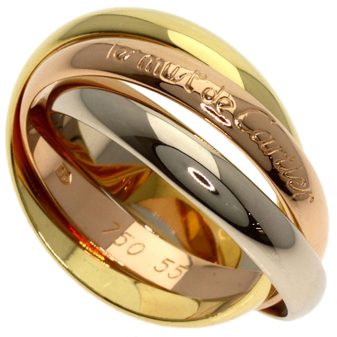 K18 Pink Gold Trinity Ring Cartier #55: K18 Pink Gold Trinity Ring Cartier #55 K18 Pink Gold Trinity Ring Cartier #55 is a stunning gold ring featuring Cartier's signature style and craftsmanship. This open ring showcases the beauty of K18 