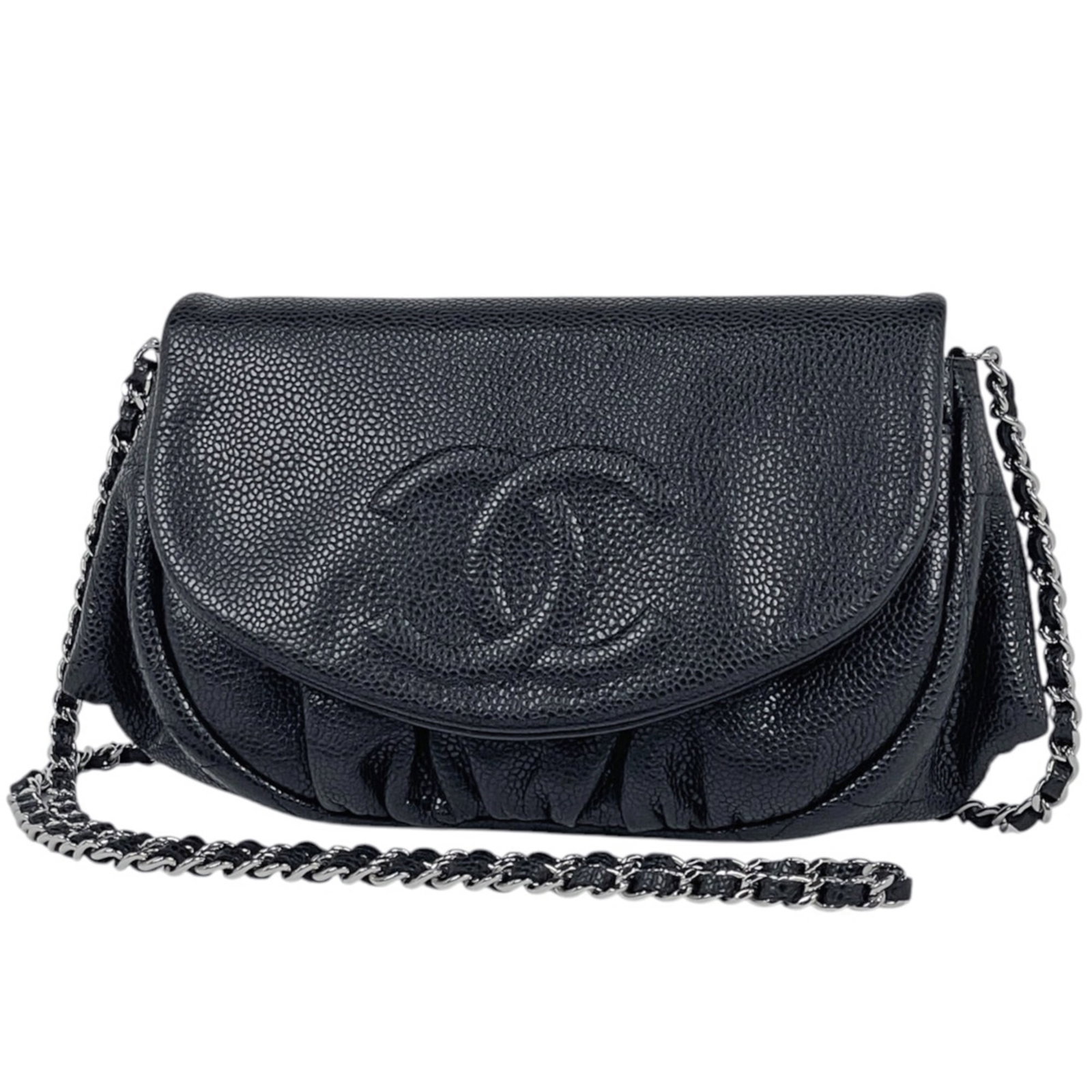 Calfskin Grained Chanel Bag Shoulder: Calfskin Grained Chanel Bag Shoulder Grained calfskin adds a luxurious touch to this sleek black Chanel shoulder bag, featuring a classic design with clean lines and a spacious interior. The bag's