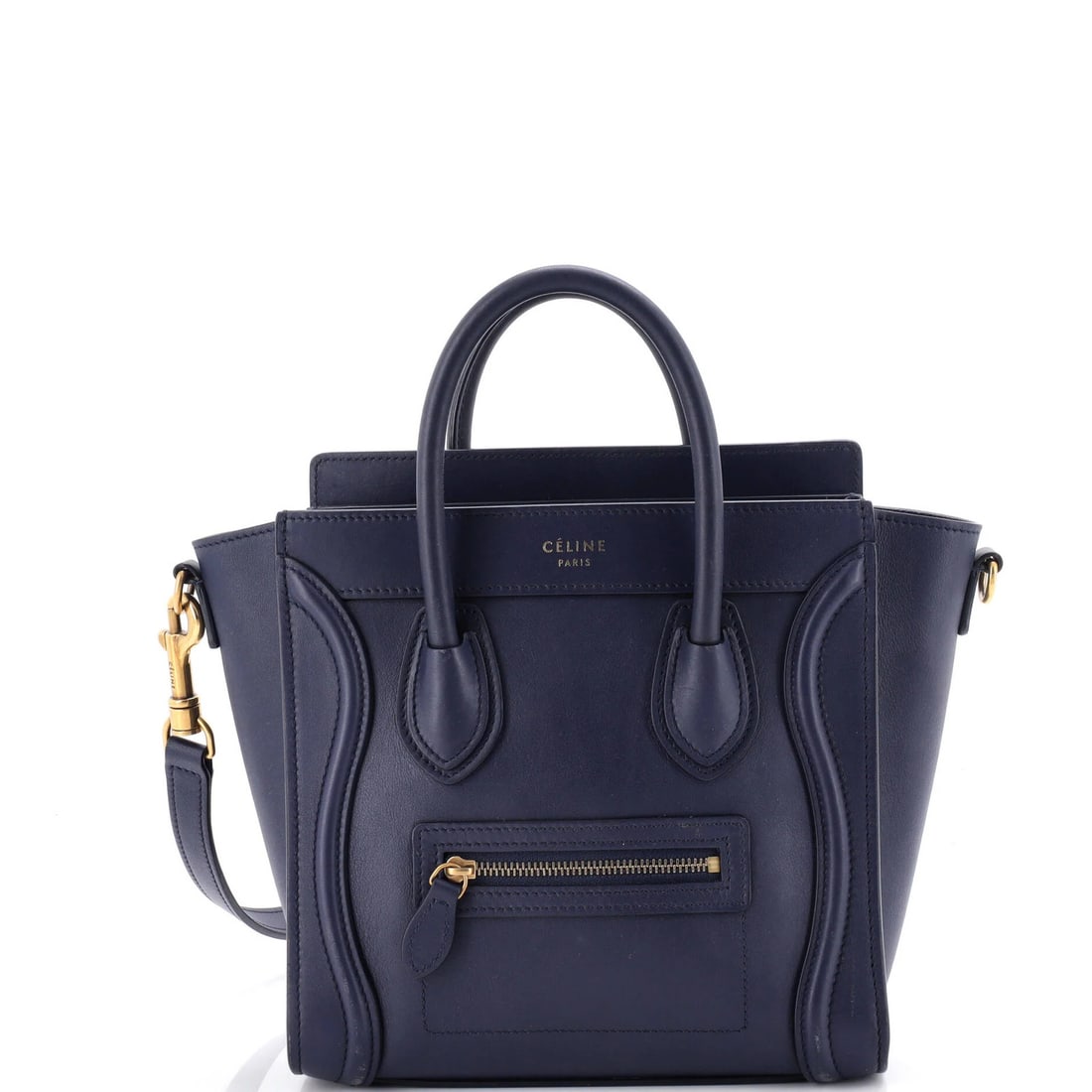 Luggage Bag Smooth Leather Nano Celine: Luggage Bag Smooth Leather Nano Celine Smooth, supple leather wraps around the body of this sleek Celine Nano cross body bag, its blue hue evoking a sense of understated sophistication. Aged gold