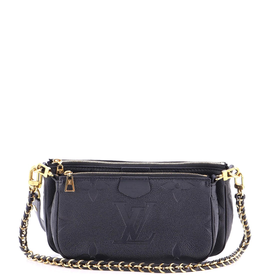 Louis Vuitton Giant Pochette Accessoires Monogram Empreinte: Louis Vuitton Giant Pochette Accessoires Monogram Empreinte Black leather Louis Vuitton Giant Pochette Accessoires Monogram Empreinte cross body bag with gold hardware, featuring a multi Pochette desi