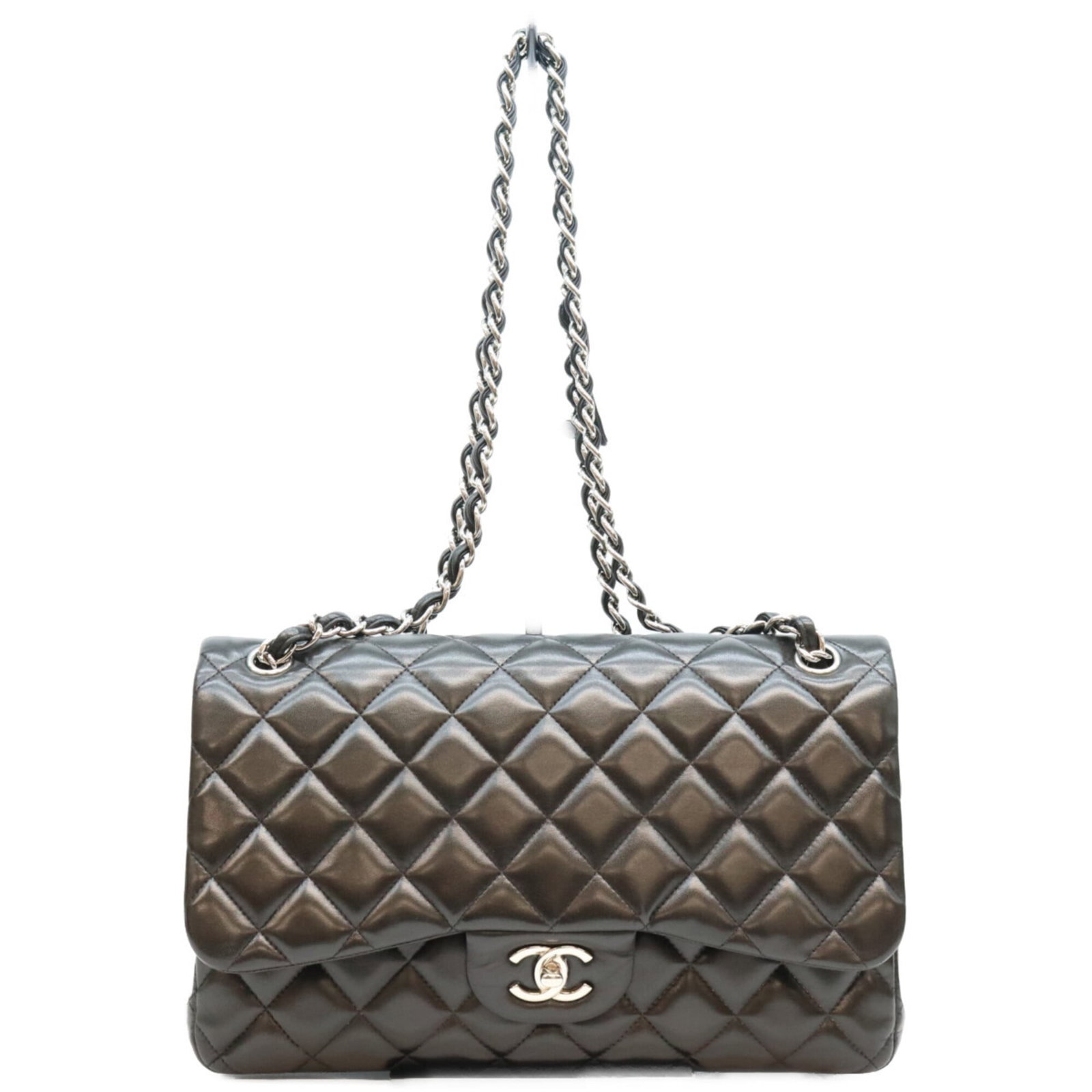 Shoulder Bag Leather Chanel: Shoulder Bag Leather Chanel This black leather shoulder bag is crafted from lambskin and features silver hardware. Measuring 20cm x 10cm x 30cm, it offers a sleek and compact design. The bag's