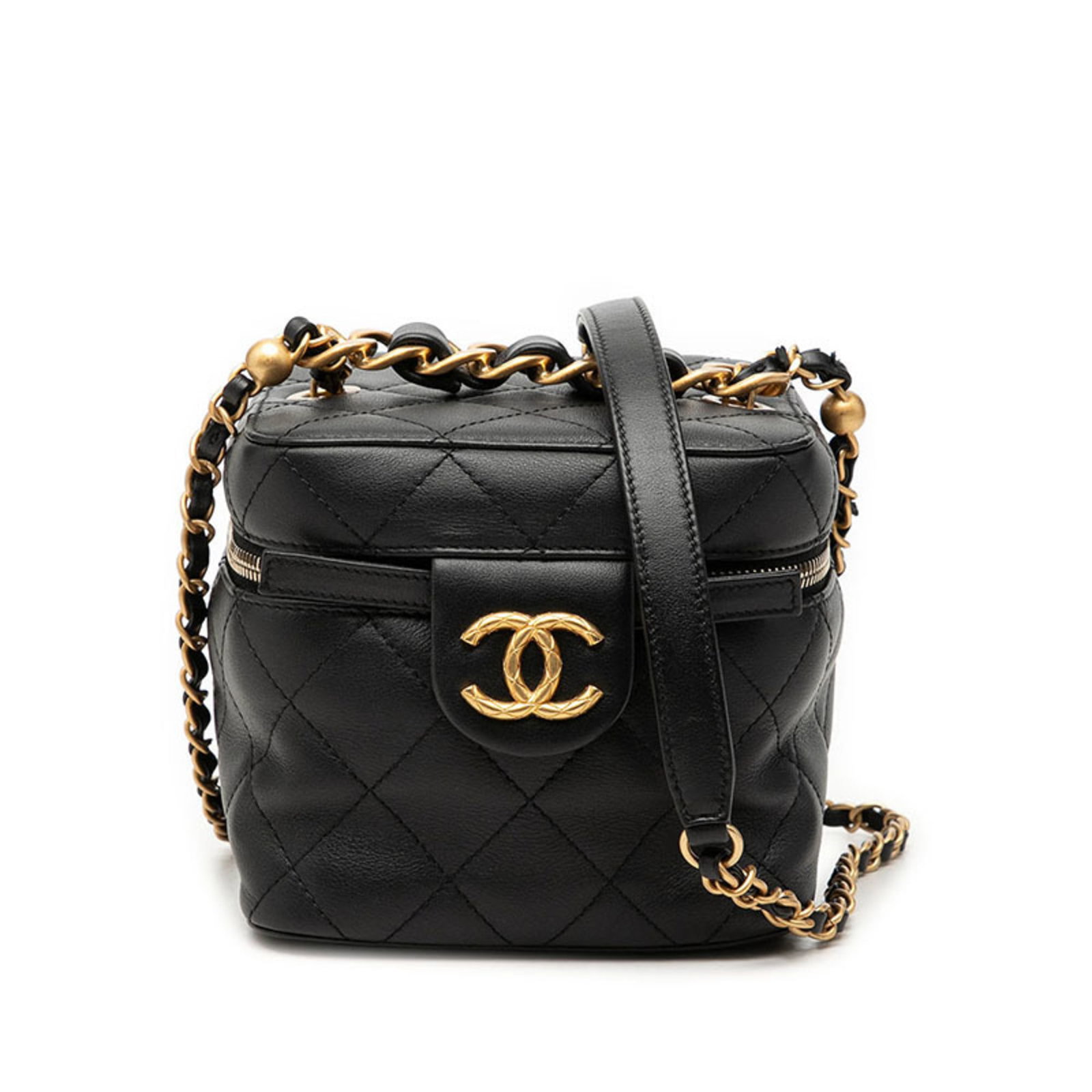 Chanel Bag Vanity Leather: Chanel Bag Vanity Leather Black lambskin Chanel bag vanity features a sleek 13cm x 14cm x 14cm design, making it a stylish and compact accessory. The luxurious leather material adds to the bag's