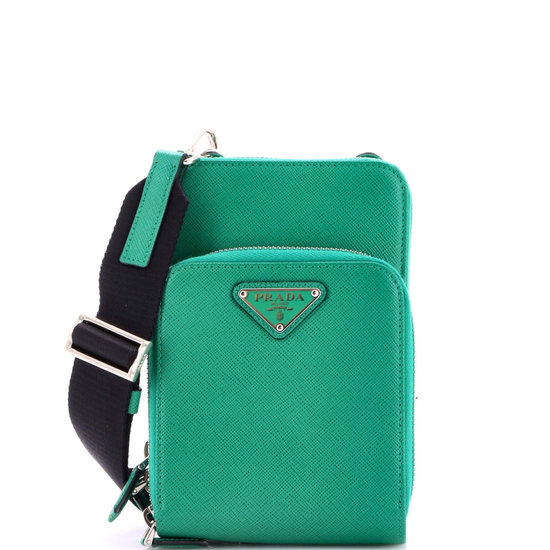 Front Pocket Phone Holder Leather Saffiano Crossbody Bag: Front Pocket Phone Holder Leather Saffiano Crossbody Bag This Prada Saffiano Leather Crossbody Bag features a unique front pocket phone holder design, perfect for hands-free convenience. Made from