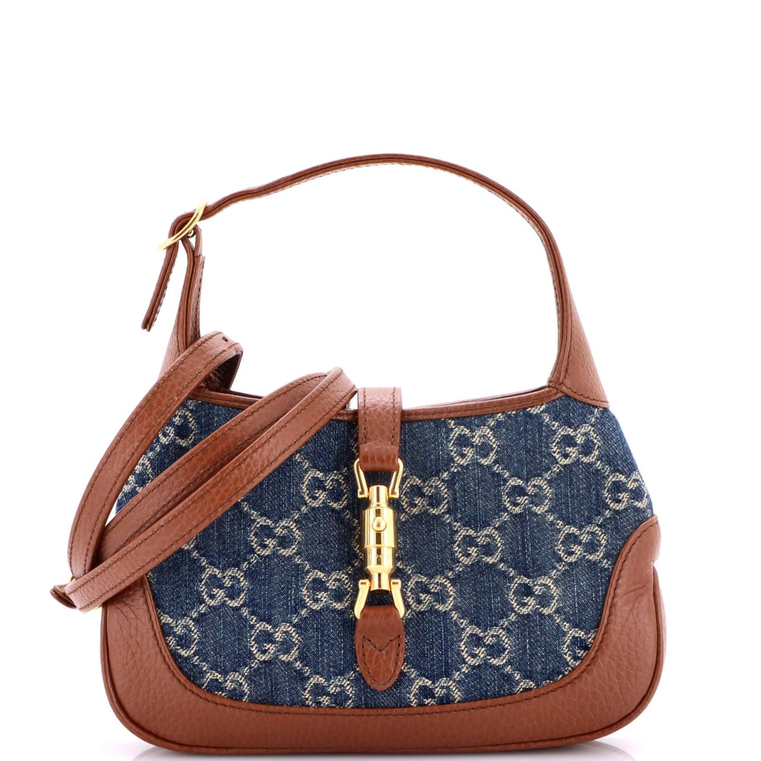 Hobo Mini Denim GG Hobo Gucci 1961: Hobo Mini Denim GG Hobo Gucci 1961 Blue Denim GG Hobo Gucci 1961 Mini Cross Body Bag with Gold Hardware and Neutral Interior. This mini cross body bag features a denim and leather exterior with a sign