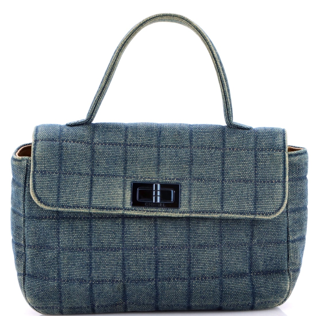 Mademoiselle Chanel Denim Quilted Small Handle Top Bar Chocolate Bag: Mademoiselle Chanel Denim Quilted Small Handle Top Bar Chocolate Bag Small, quilted denim Mademoiselle Chanel bag with a chocolate bar top handle, featuring a neutral leather interior and blue